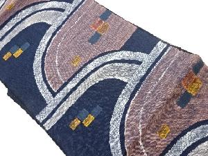 手織り真綿紬抽象に色紙模様織出し名古屋帯